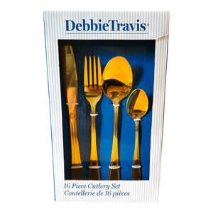 NEW Debbie Travis Flatware Silverware Set in Gold Color (16-piece set)